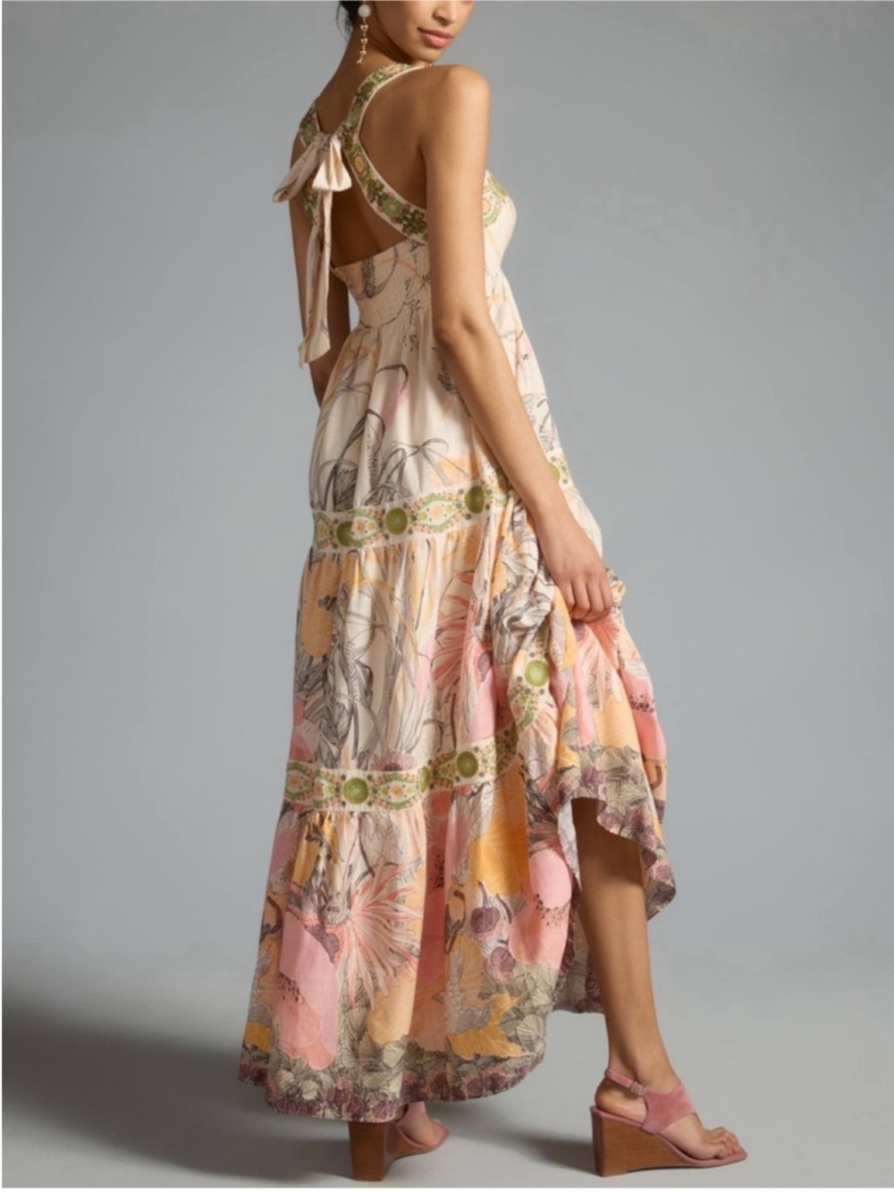 Anthropologie Pink Embroidered Beaded Square Neck Bohemian Tie Back Maxi Dress L - Picture 2 of 13